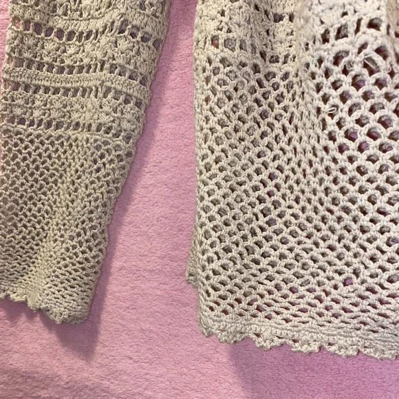 Vintage 90s Tiara Crochet Cardigan Longsleeve Nautical Beige Cream Taupe XL Fest - Picture 9 of 12
